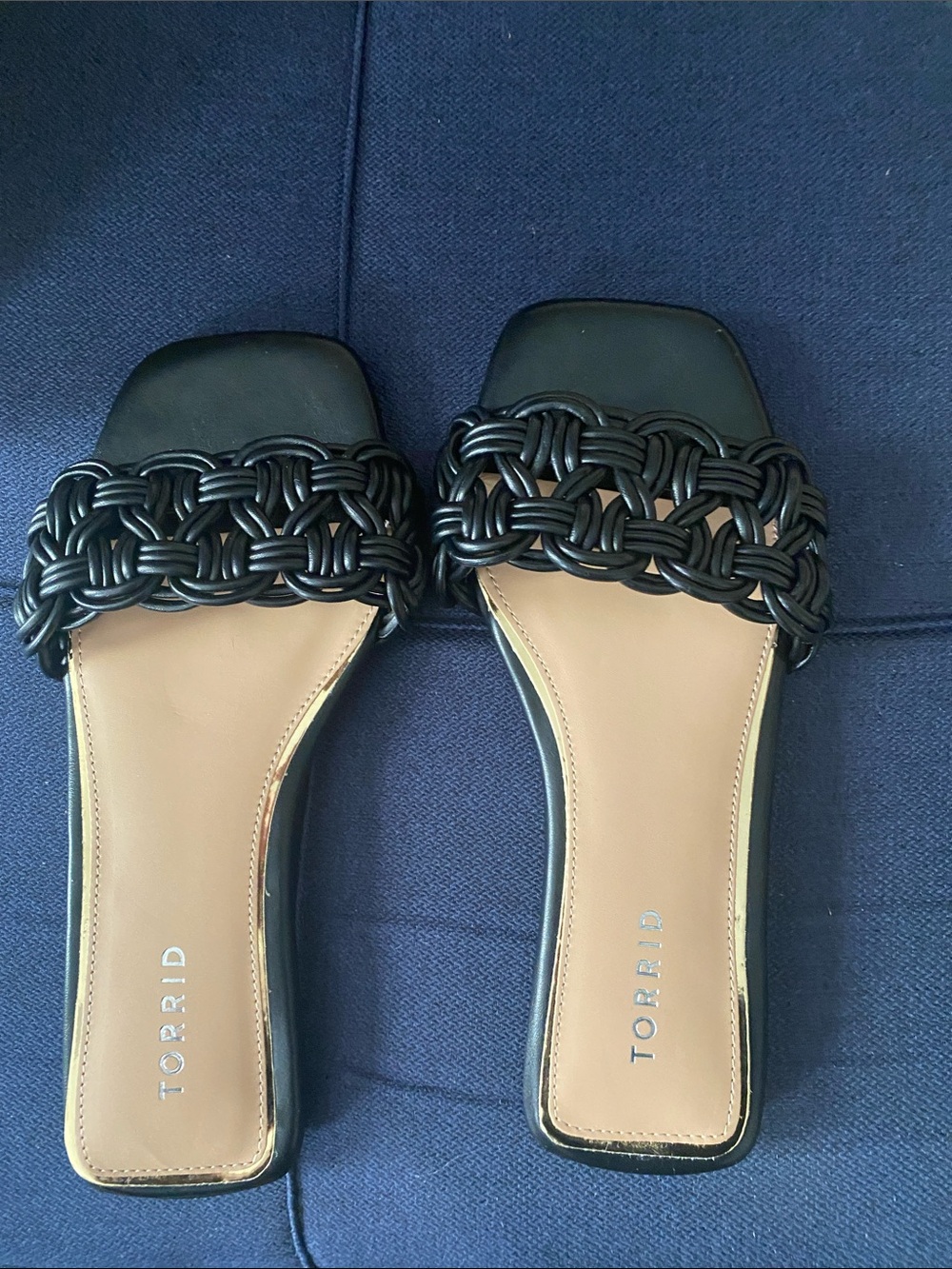 torrid Black Braided Square-Toe Slide Sandals with Tan Footbed